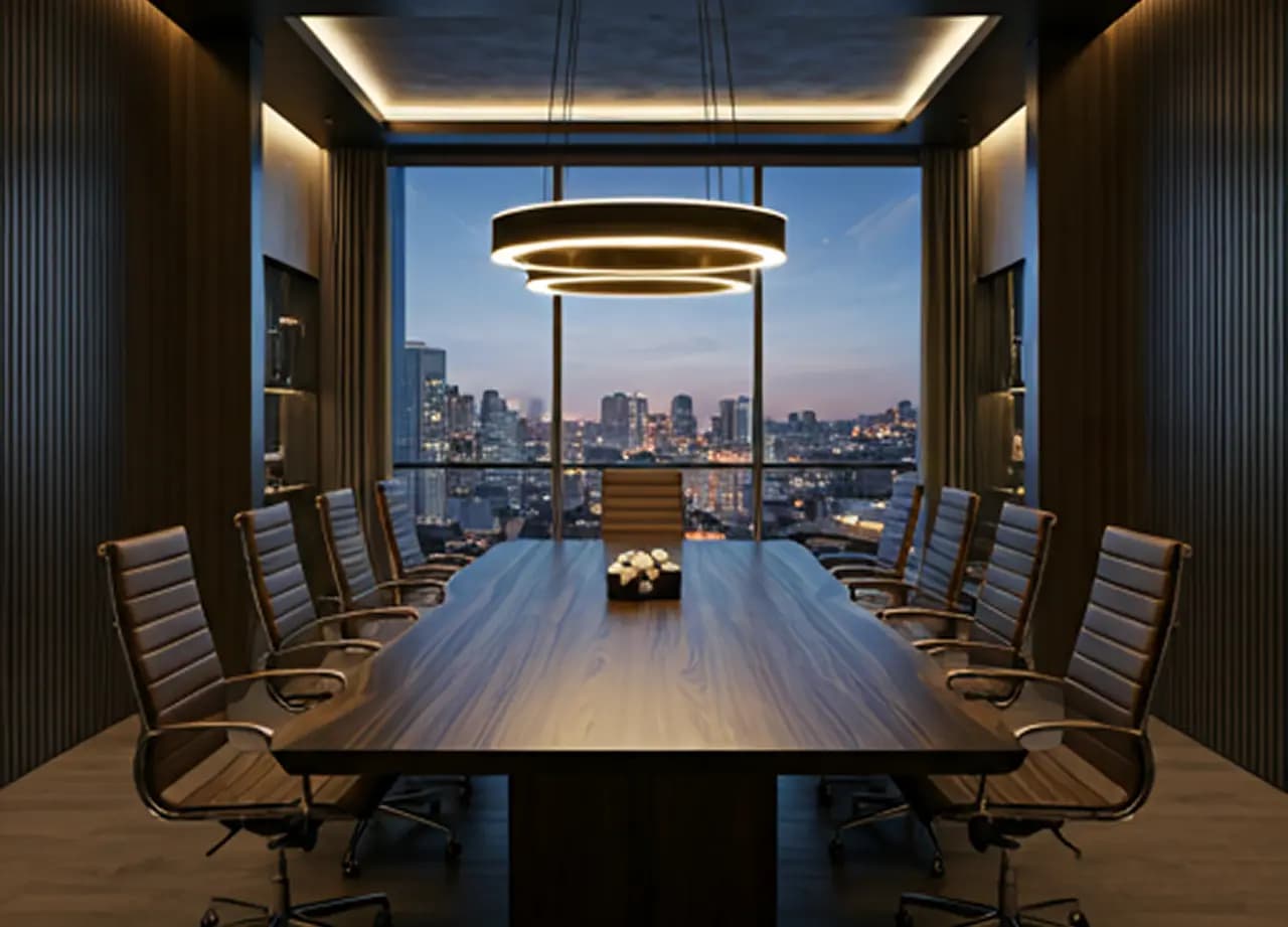 Conferra executive boardroom — a modern, dark-themed meeting space with architectural lighting